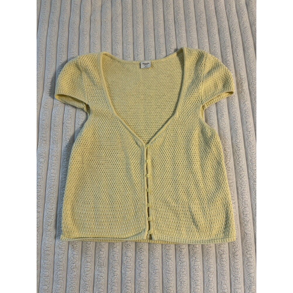 Abercrombie & Fitch Crochet button short sleeve cardigan women XL butter yellow